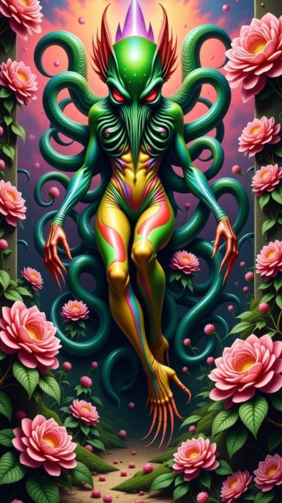 Surreal Cthulhu Goddess in Retro Garden
