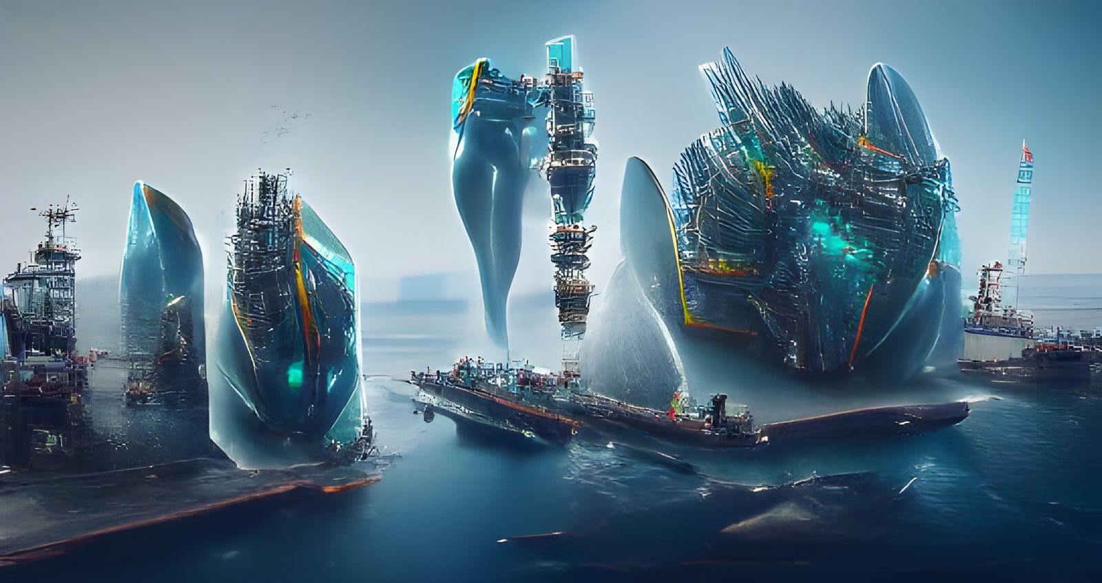 Colossal cybernetic whale superstructures rising out of the ...