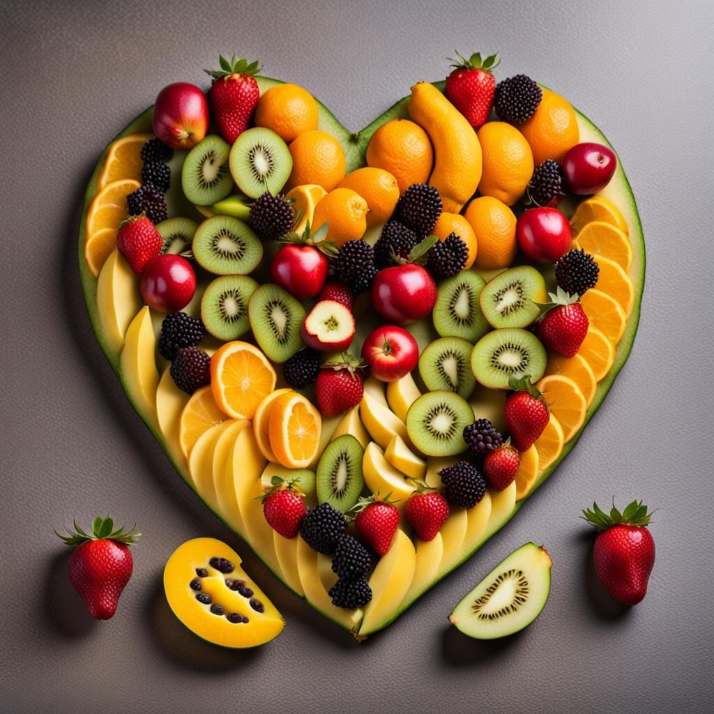 Various fruits are arranged and decorated in the shape of a ♡. - AI ...