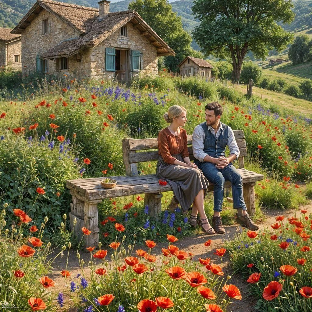  A young couple sitting in front of cottage surrounded by poppies and cornflowers 