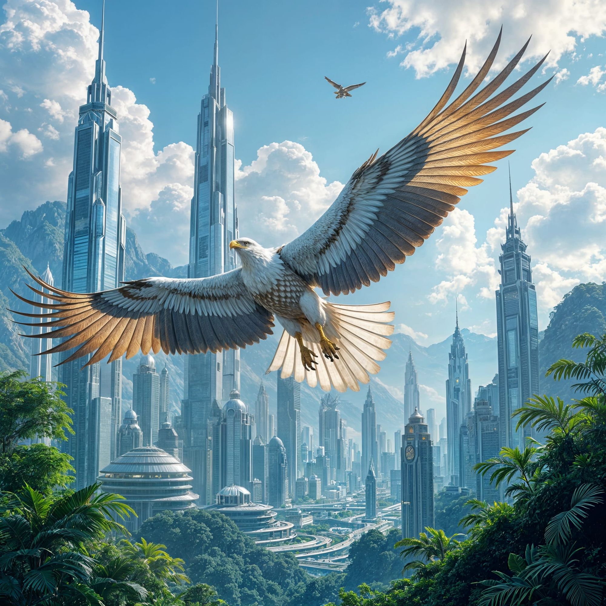 A group of biomechanical eagles soars over a futuristic metropolis inspired by Palawan Island in the Philippines, their metallic wings glint...