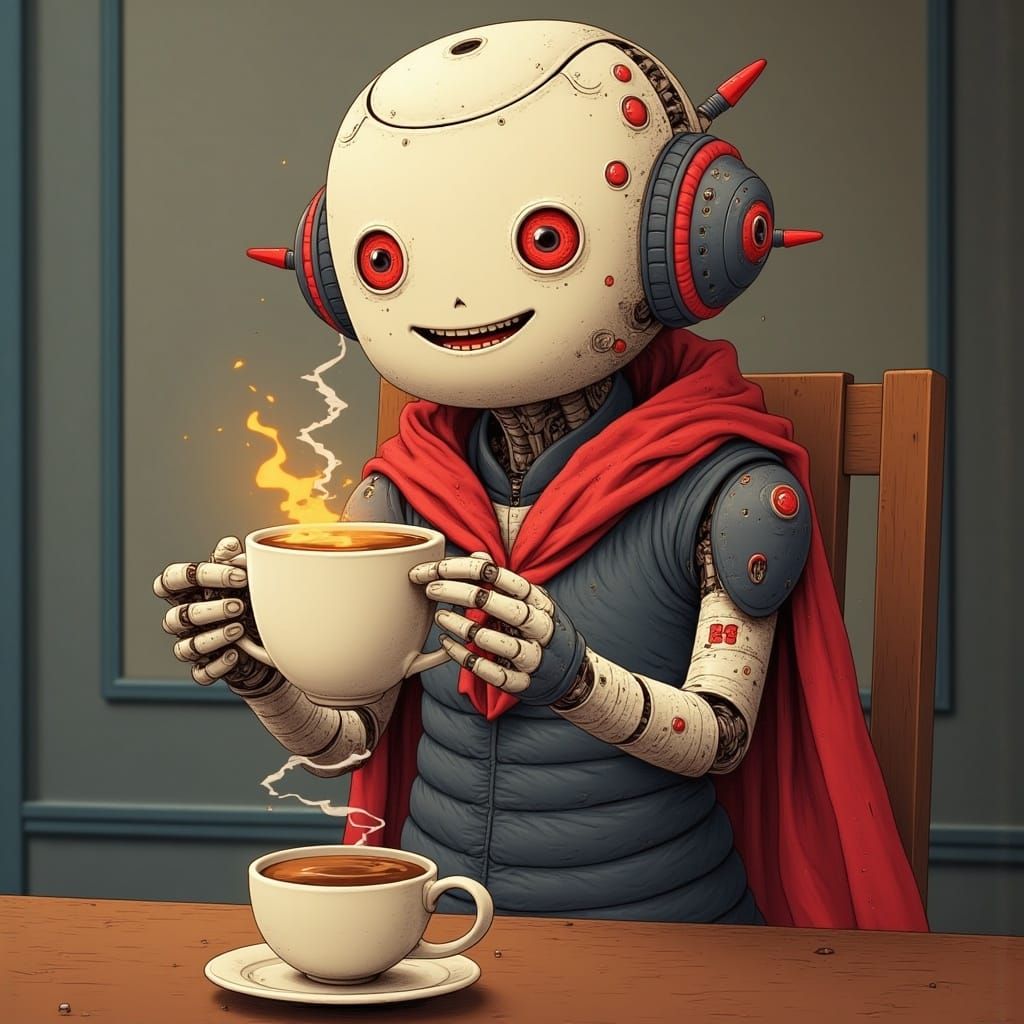 <lora:No Coffee 4 Androids:1.0>
A malfunctioning and sparking  android is smiling while holding a coffee cup