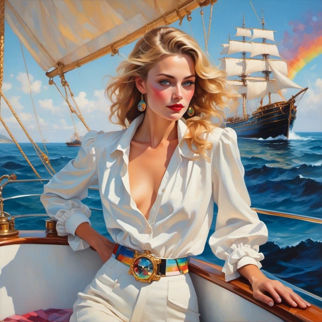 <lora:Beautiful Visions:1.0> <lora:Mosaic Jewels:1.0> Pirates sailing on a multicolored, prism-like sea, with their ship casting vibrant rai...