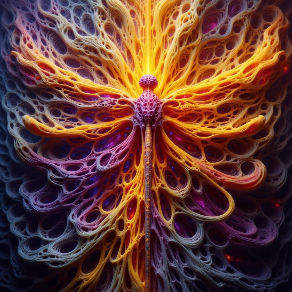 <lora:-FlowCore-:1.0>  A dragonfly emerging from a canvas of burning paint ▪ Vivid, molten colors flowing and blending ▪ Flames consuming th...