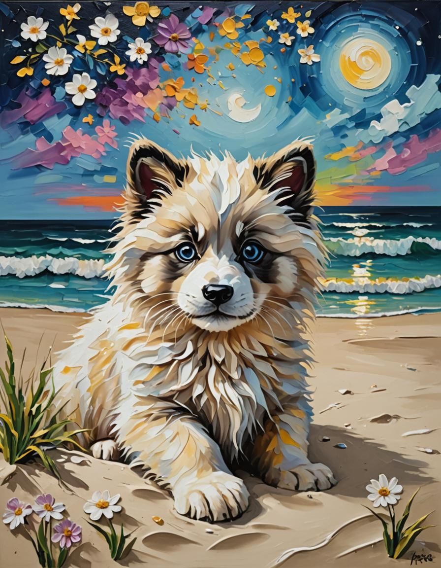 Impasto painting of a cute adorable ragdoll wolf-panda cub