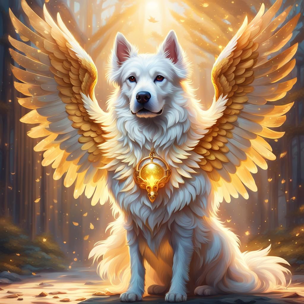 Majestic Golden-Winged Dog in Digital Fantasy Art