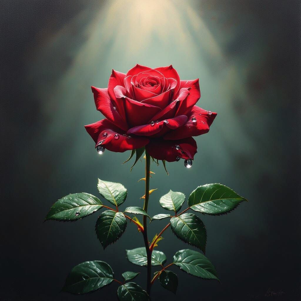 Vibrant Red Rose with Dewdrops in Dramatic Lighting