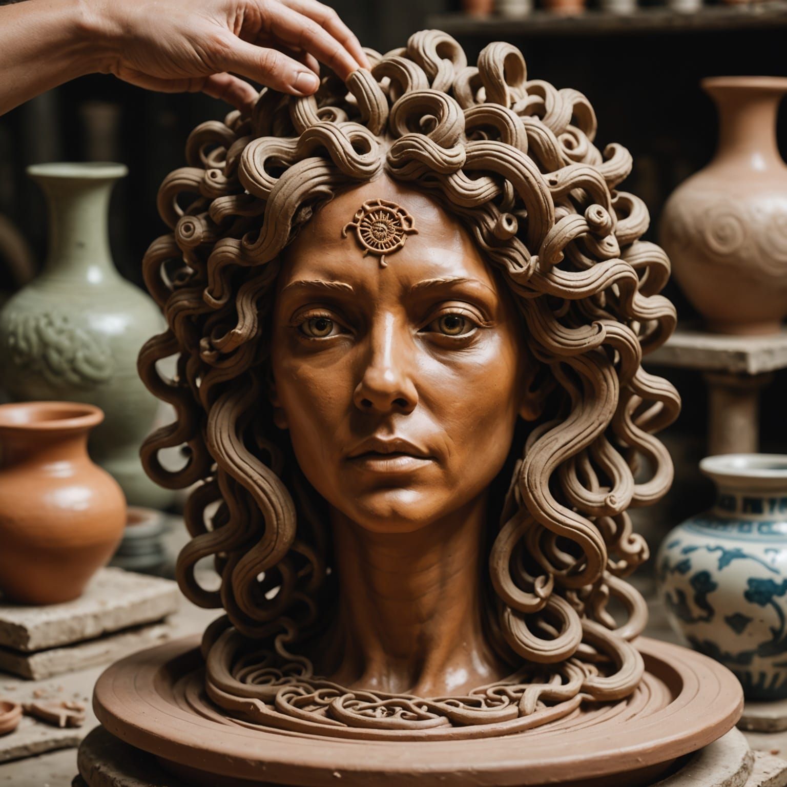 Hyper realistic clay coloured medusa figure on a pottery wheel. Surrealist effects 