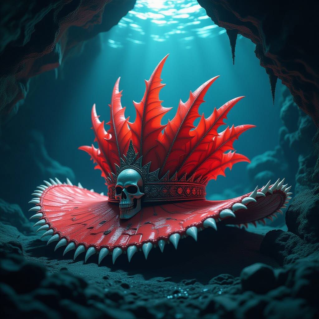 A hat made of fire corals and shark tooth hidden in an underwater cave. Said to be what king Neptune ...  by @Juchizuo2296