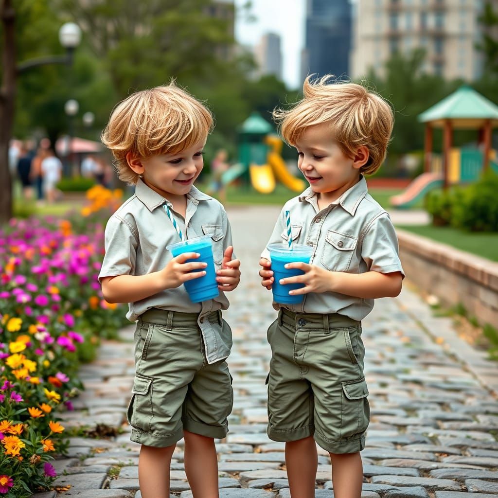 Boys Share a Secret in Vibrant City Park