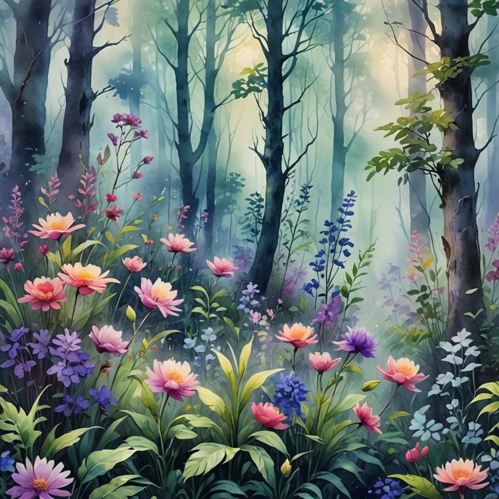 Lush Forest Flowers Blooming in Watercolor