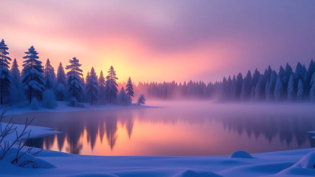 Spectacular early morning winter landscape photo of a foggy forest with view over a frozen lake, no. 2