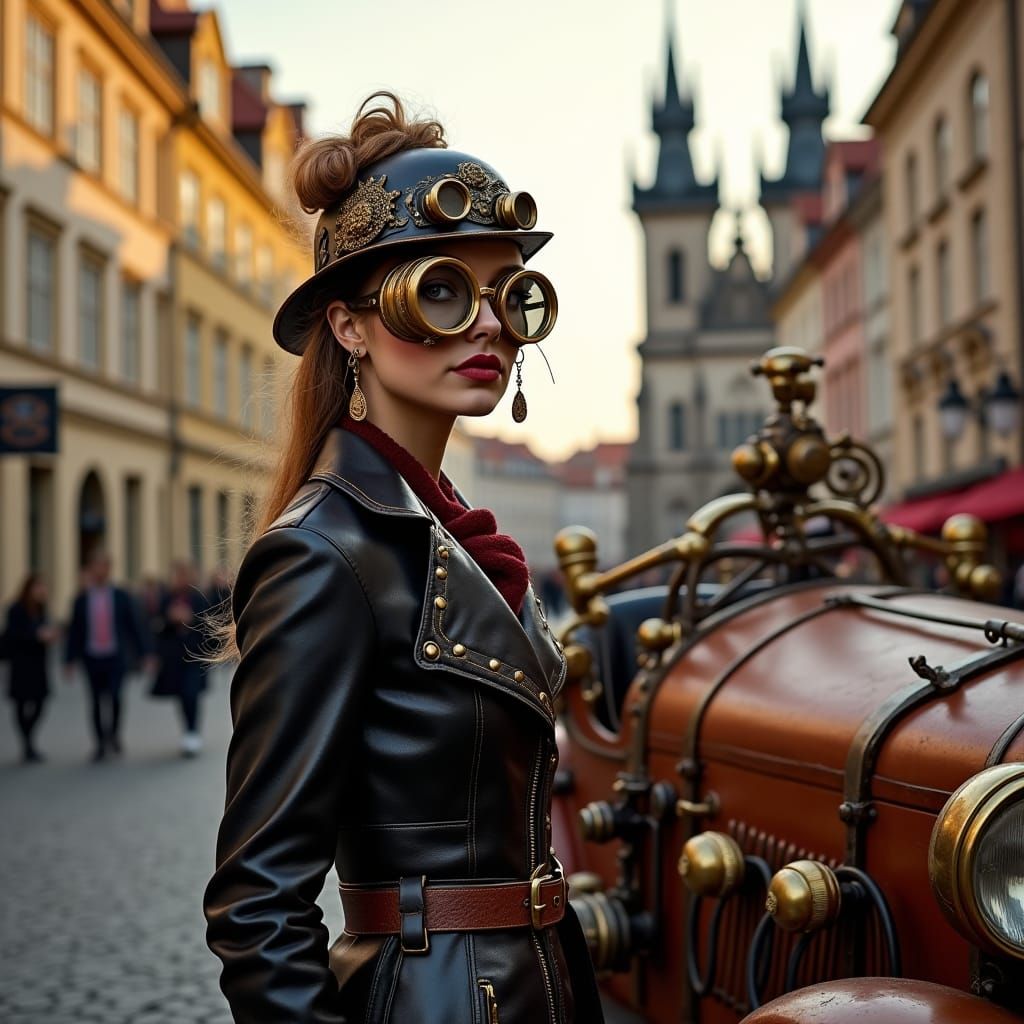 Steampunk lady climbing into her steampunk car in the main street of prague. 3D , Hyperrealistic, splash art, concept art, mid shot, intrica...
