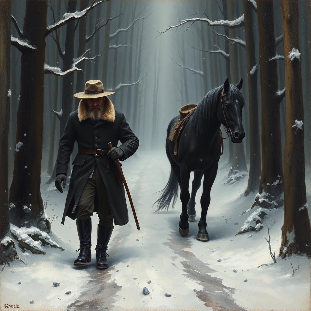 Snowstorm Struggle: Tenebrism Art in Gloomy Forest