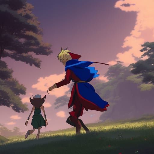 An Elf and A human wearing blue and red tabards fighting ogr...
