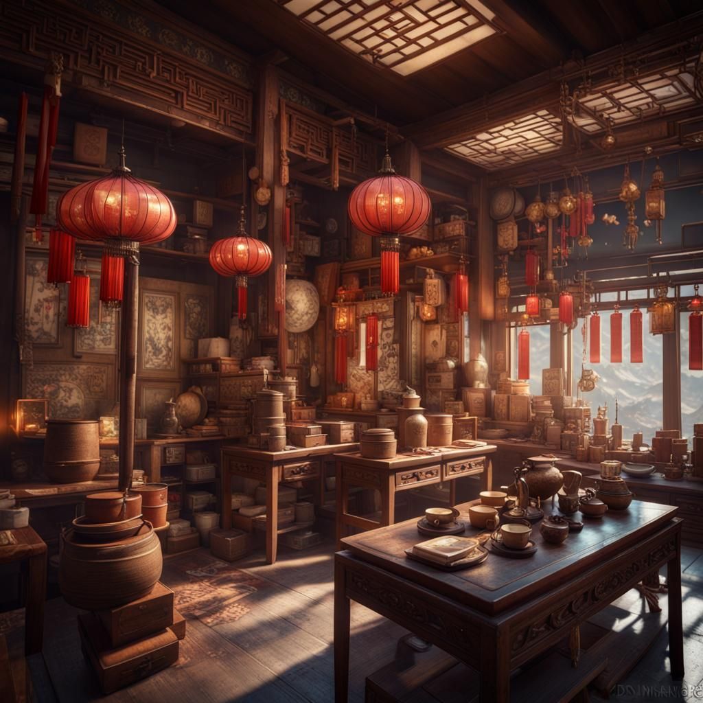 Vintage Chinese Shop Interior in 3D Cinematic Style
