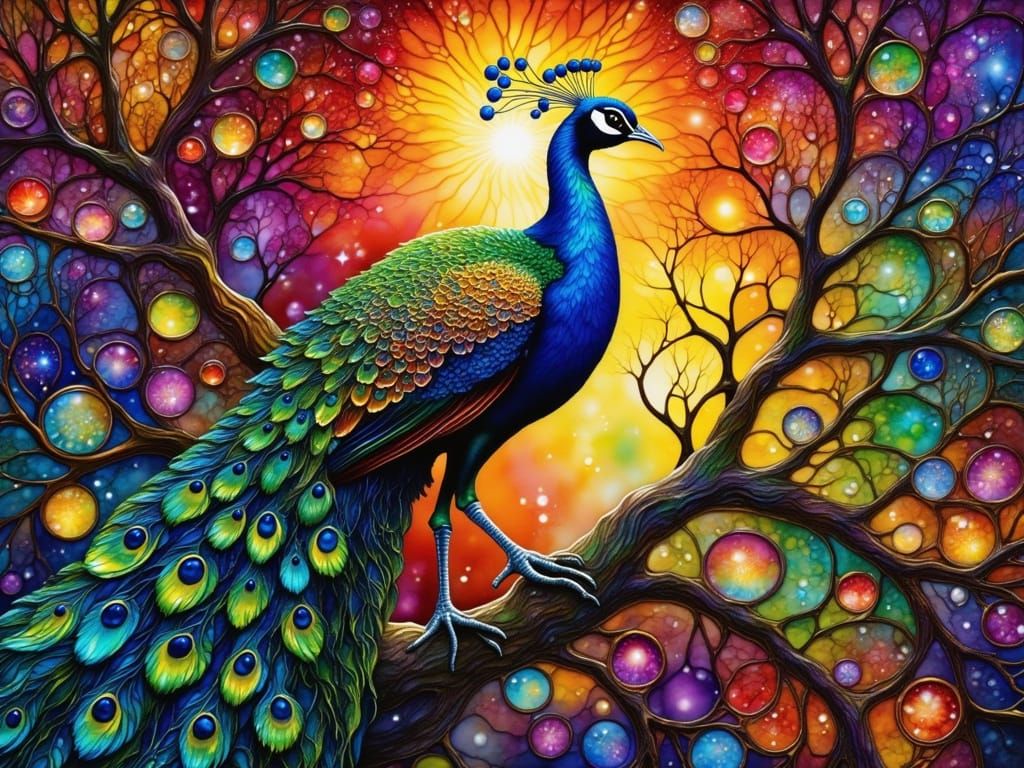 peacock on a floral branch stained glass   by @Victoria G