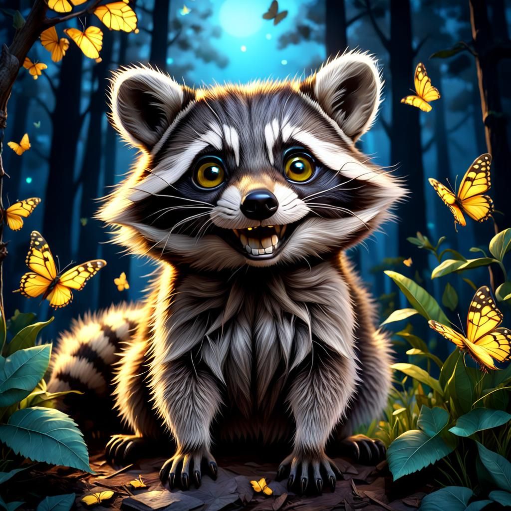 Photorealistic a cute raccoon whit a smile and adorable eyes...