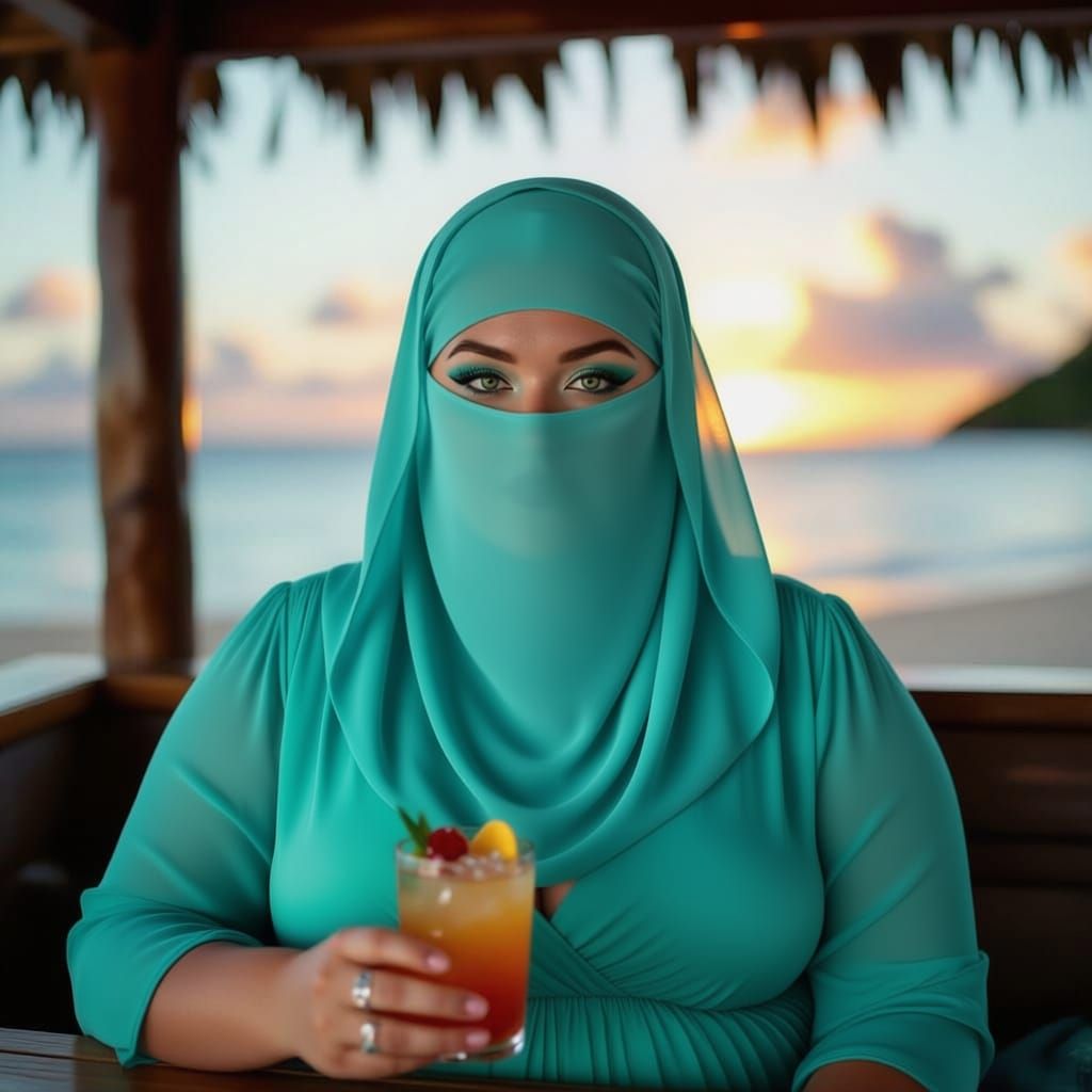 Photo portrait in a Polynesian beach bar of a plus sized woman in a turqoise niqab