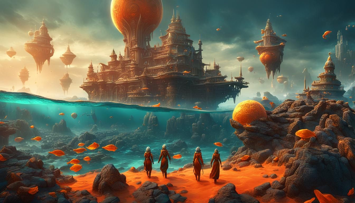 schöne alienfrauen  tauchen im meer ,türkis,orange, gelbim