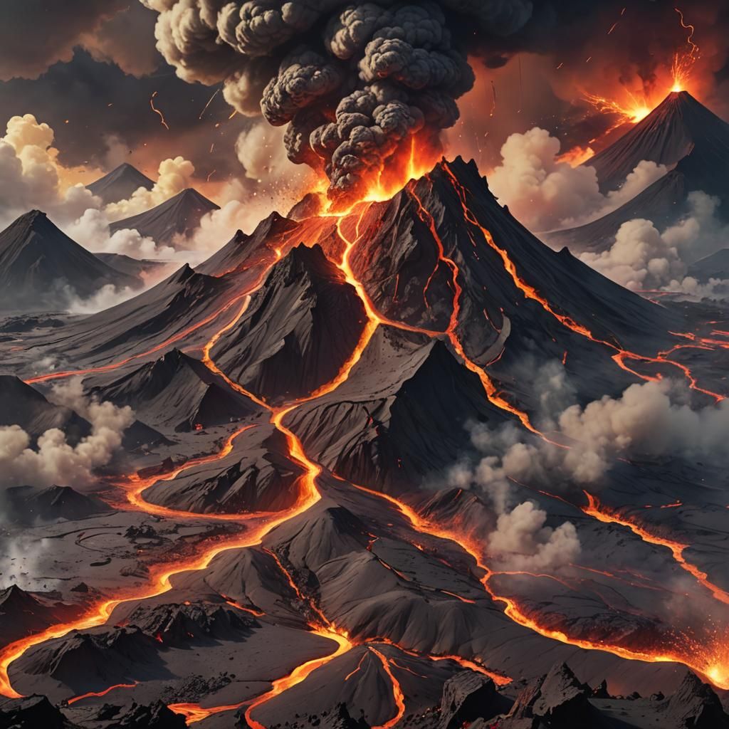 A volcano, thick ash clouds, lava in the air and flowing on the ground