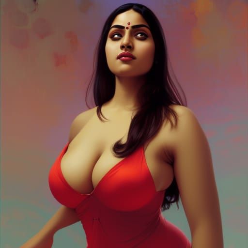 Artistic portrait of a beautiful Indian woman wearing a tight red