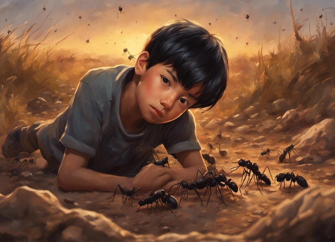 A black-hair boy lying on the ground watching a army of ants going, sunset, countryside, great lighting, intricate detai...