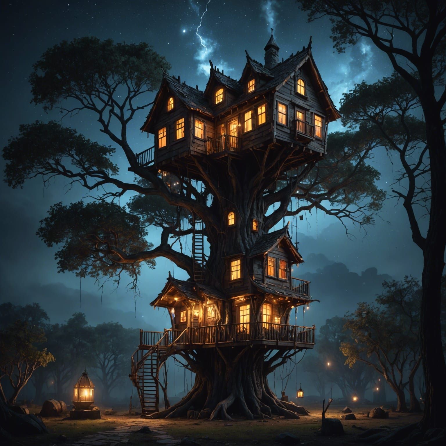 An unusual treehouse, dry tree, luxurious house in darkness mode, with ...