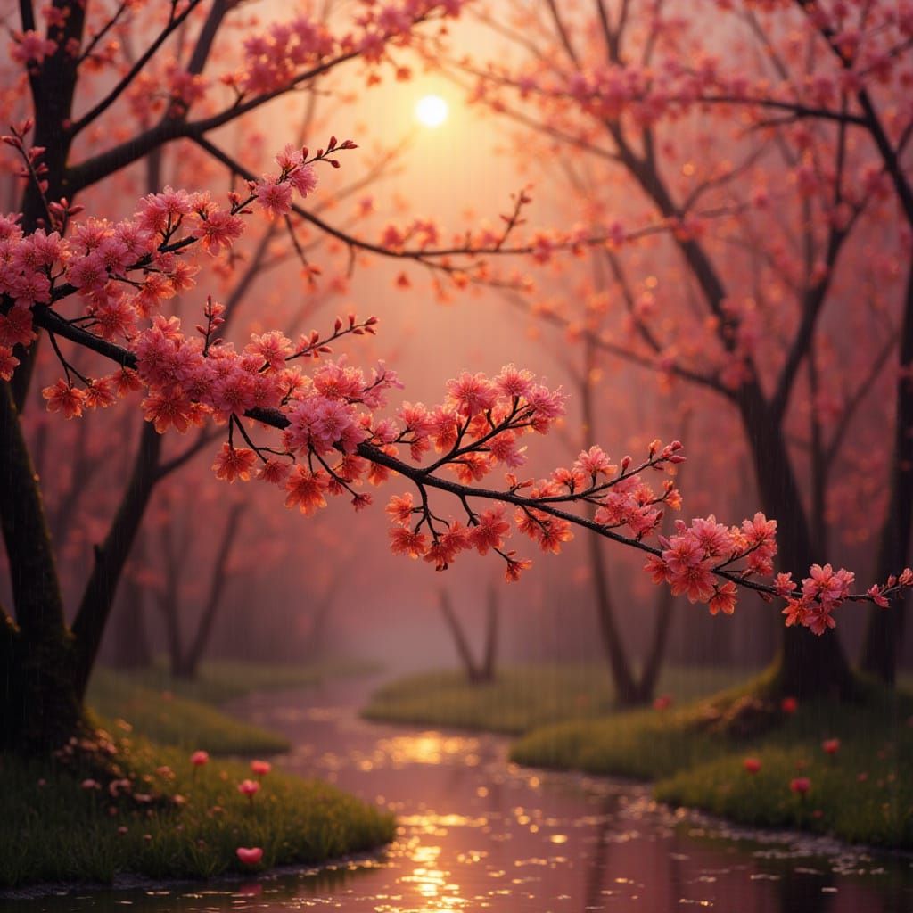Cherry blossoms on tree branch, golden hour, rain, brilliant lighting, reflections <lora:Earth and simplicity:1.0>