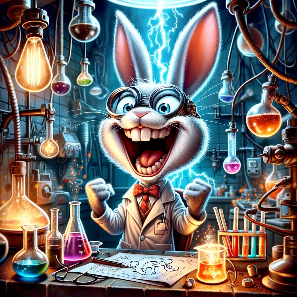 Laughing mad scientist bunny