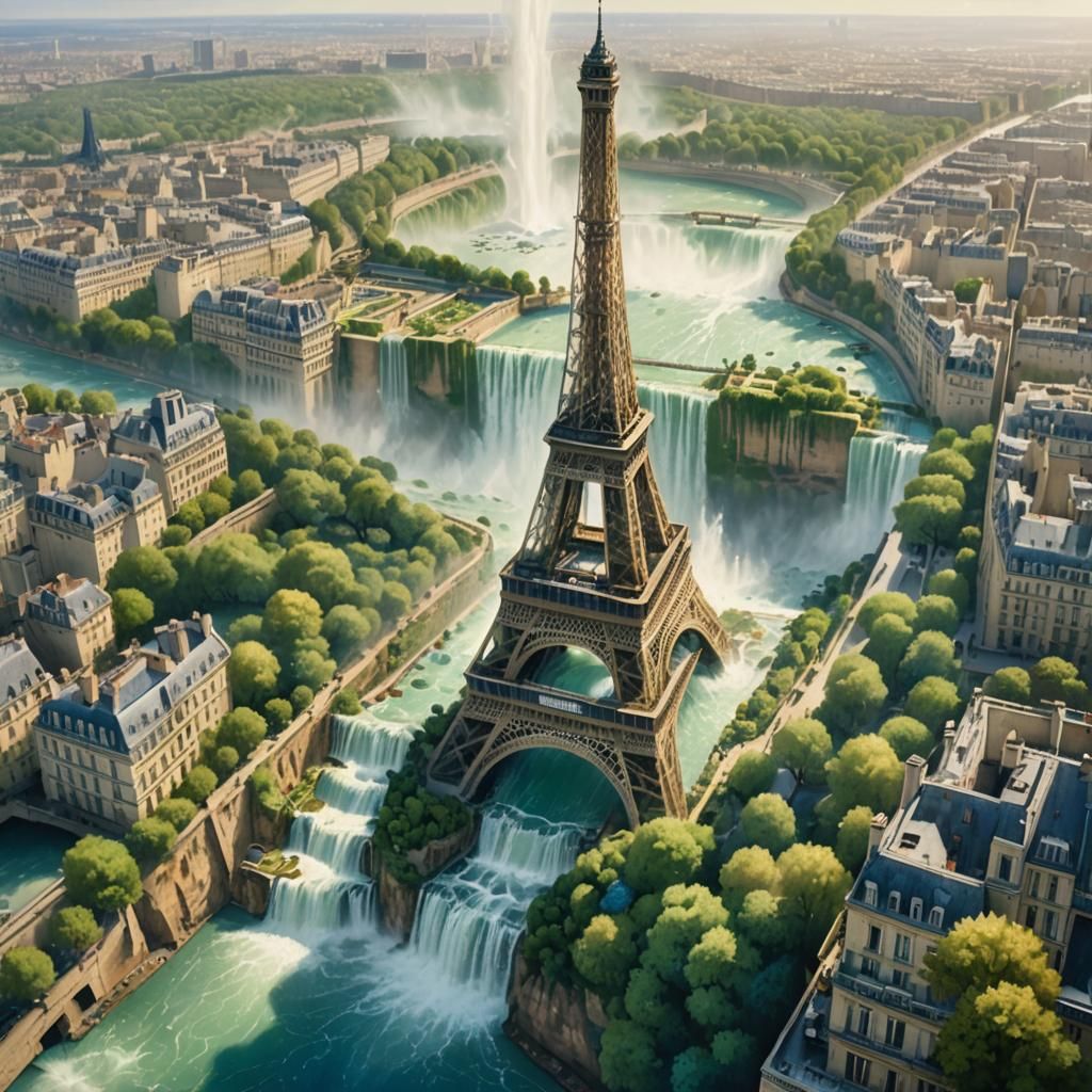 Eiffel Tower Waterfall Flooding Paris: Watercolor Painting