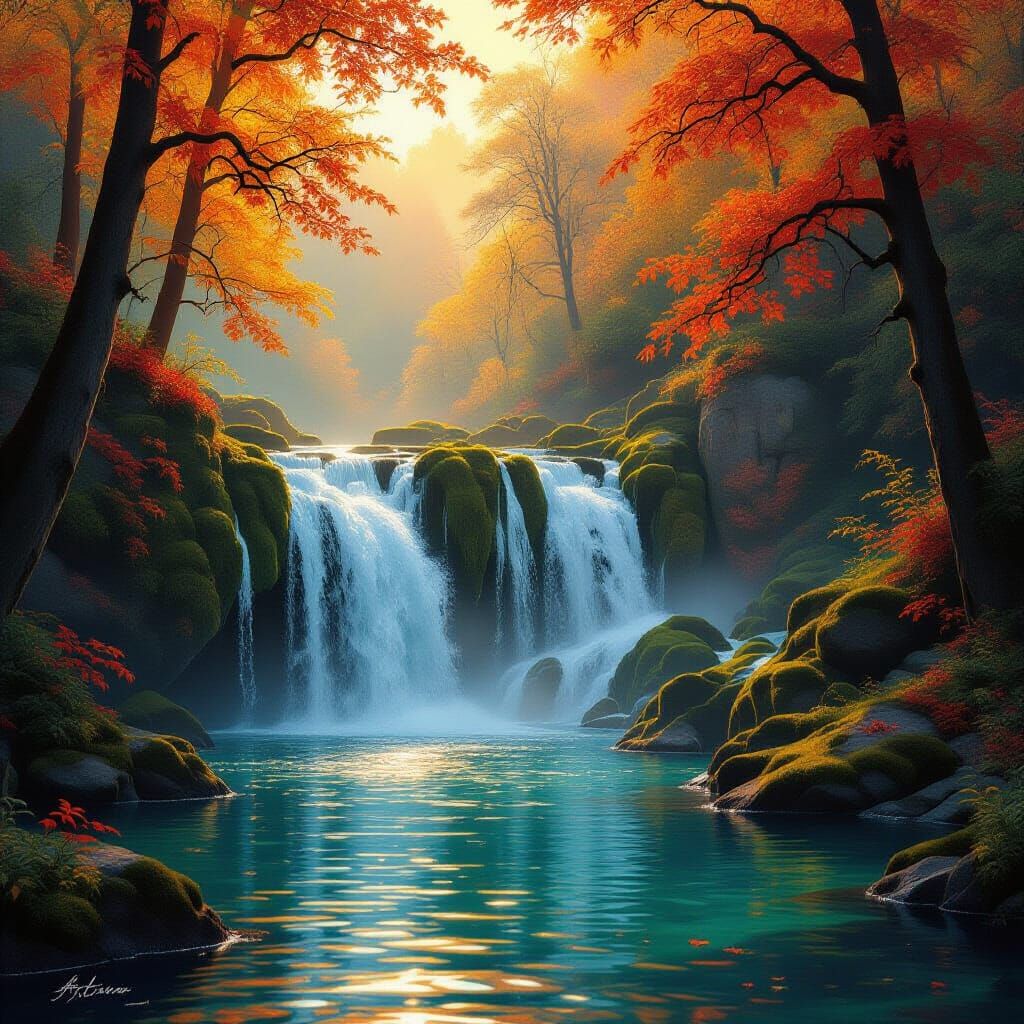 A majestic waterfall cascades down moss-covered rocks into a crystal-clear pool, surrounded by trees ablaze in fiery autumn colors. Golden s...