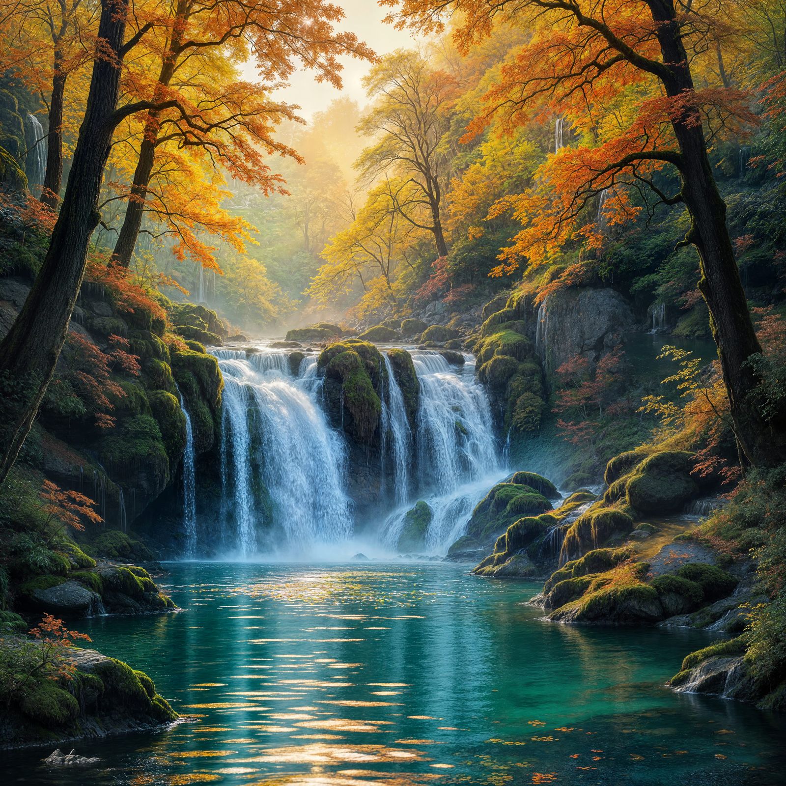 A majestic waterfall cascades down moss-covered rocks into a crystal-clear pool, surrounded by trees ...  by @ChefNate01