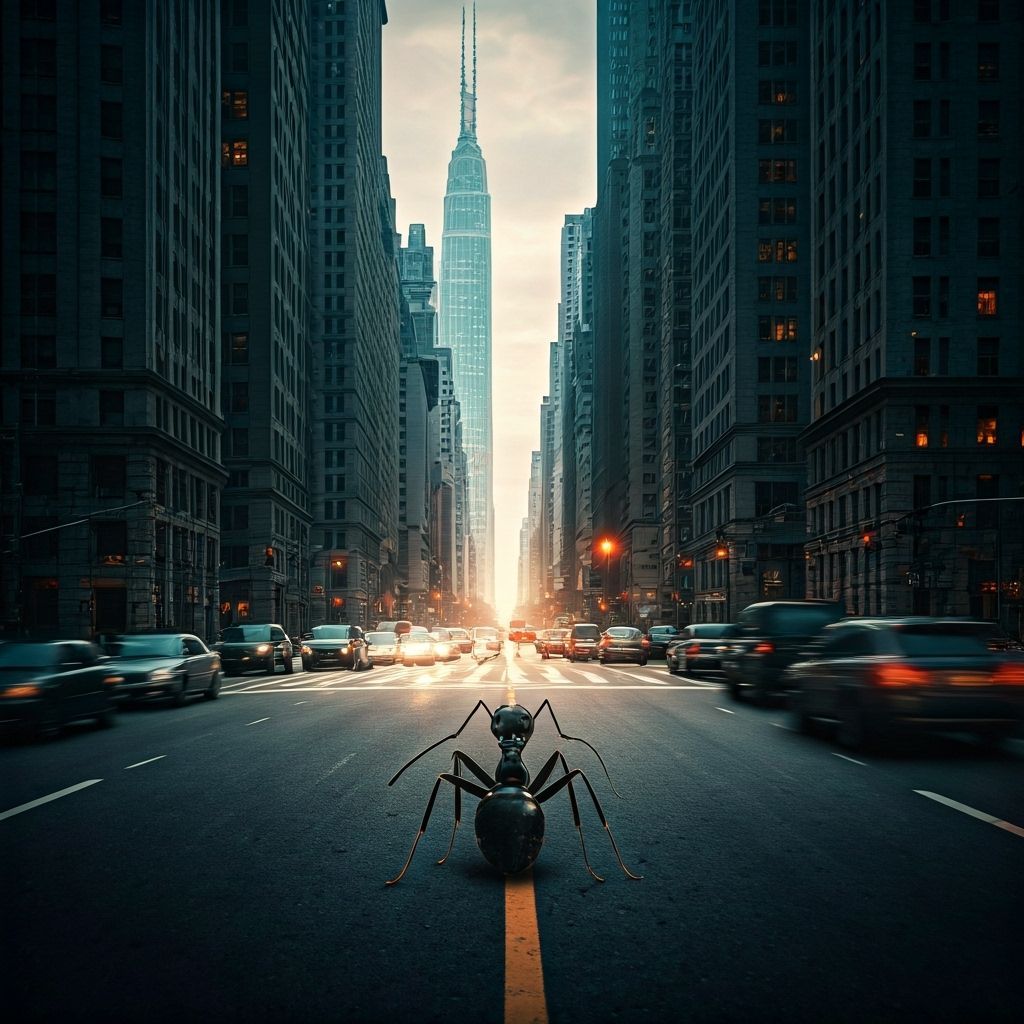  Imagine an image of a tiny black ant sitting at the intersection of busy roads in a bustl...