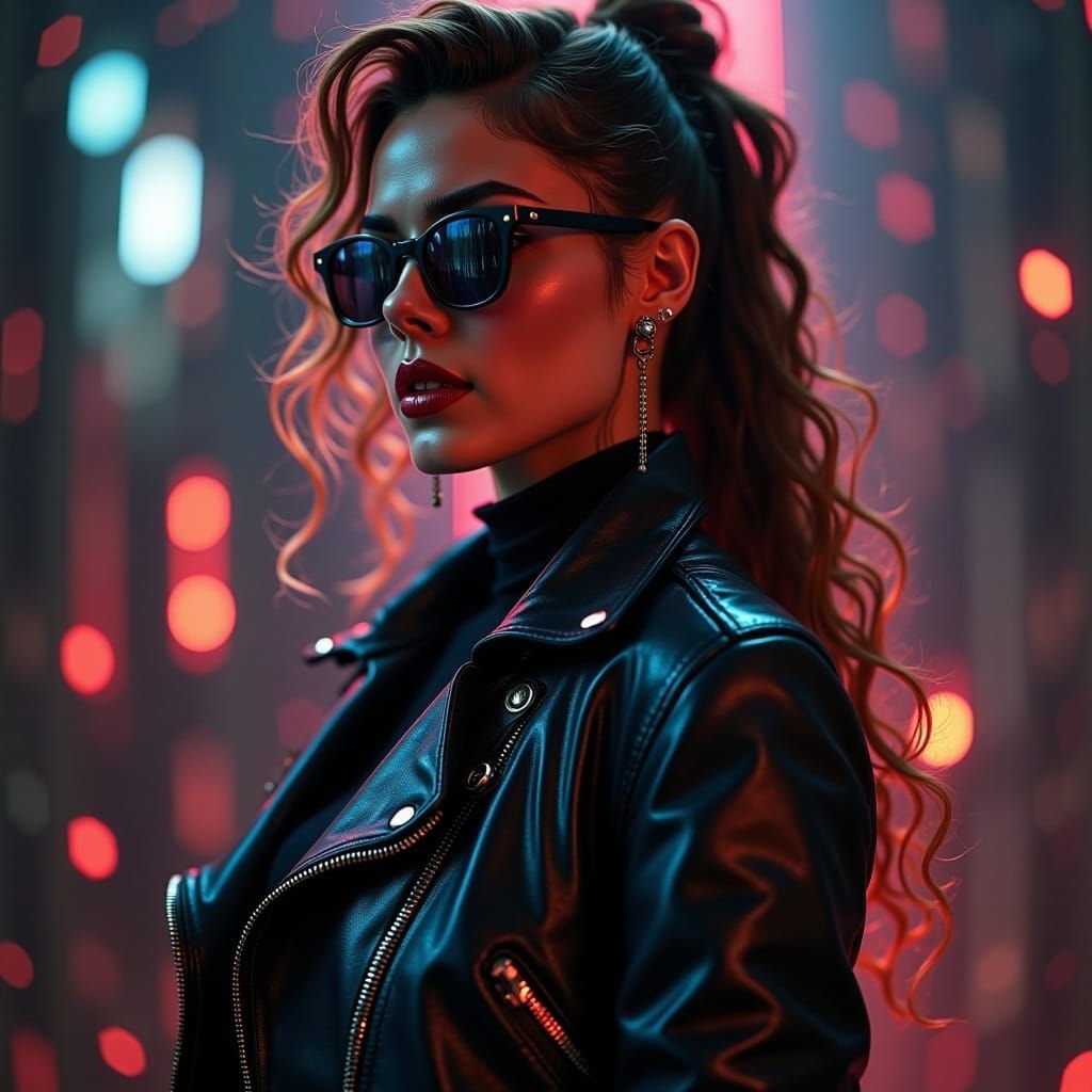 <lora:Ominous Flux:1.0>  A woman in a leather jacket, plasma katana