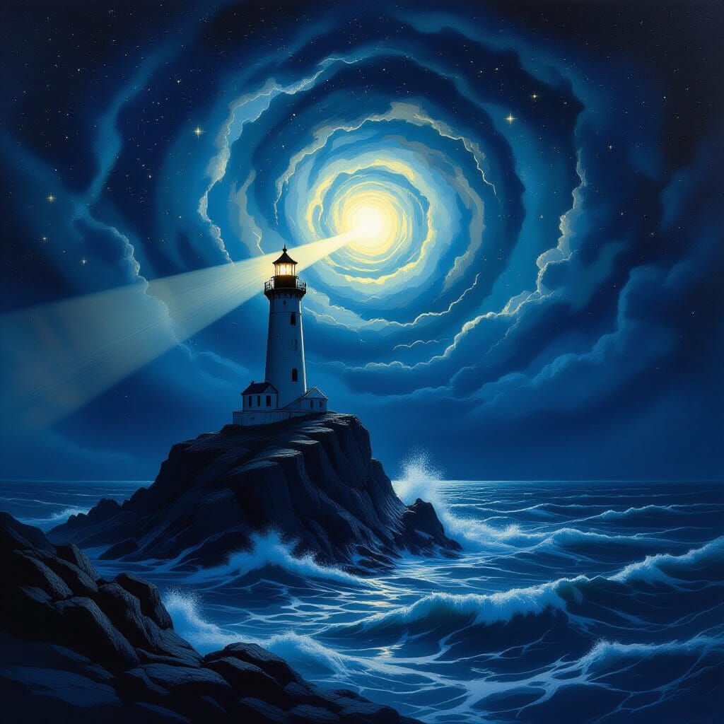 A solitary lighthouse stands on a jagged, obsidian rock formation in the middle of a turbulent, star-filled ocean. The lighthouse beam cuts ...