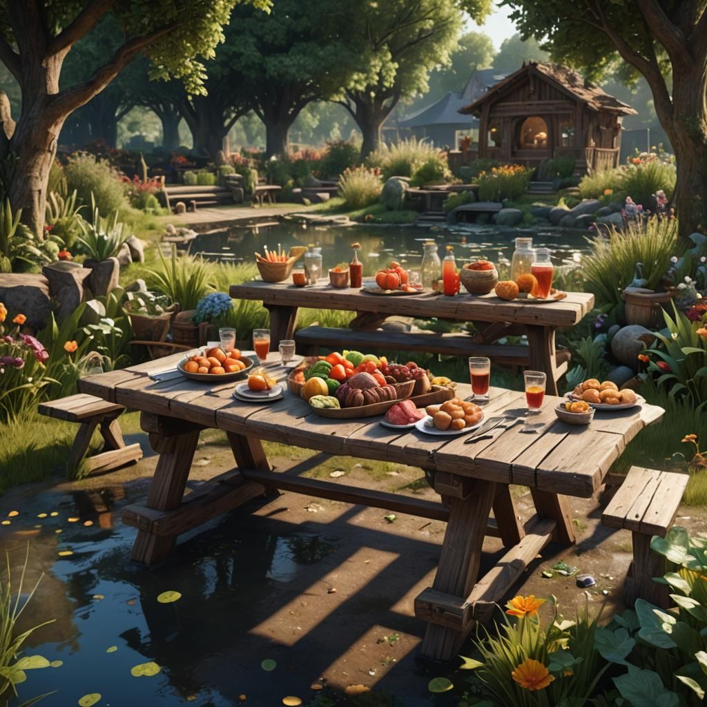 Fruit table by the pond