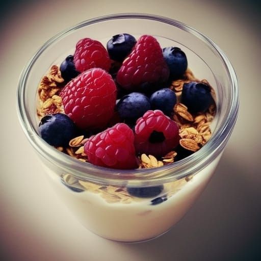 breakfast bowl with fruit parfait raspberries blueberries ba...