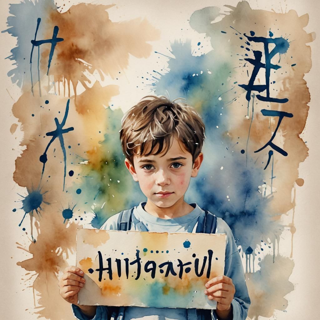 Cute Boy Asks for Candy in Hebrew, Watercolor Style