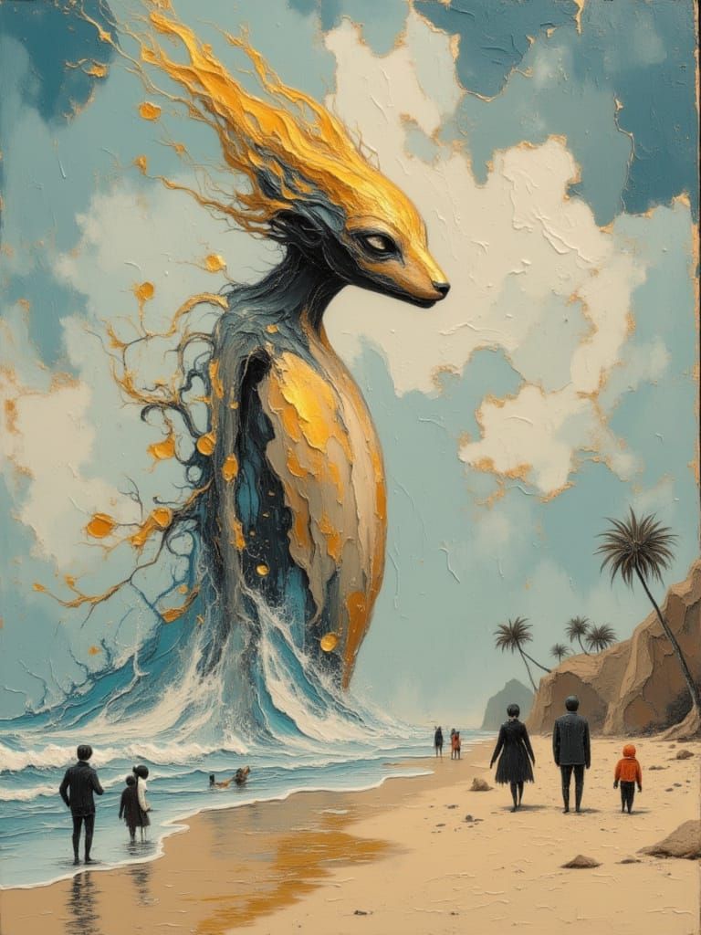 Surreal Oil Painting of Majestic Creature on Crowded Beach
