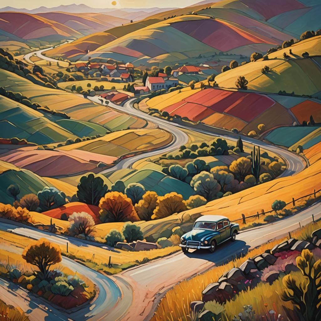 Vintage Car Journey in Triadic Colors, Oil Painting