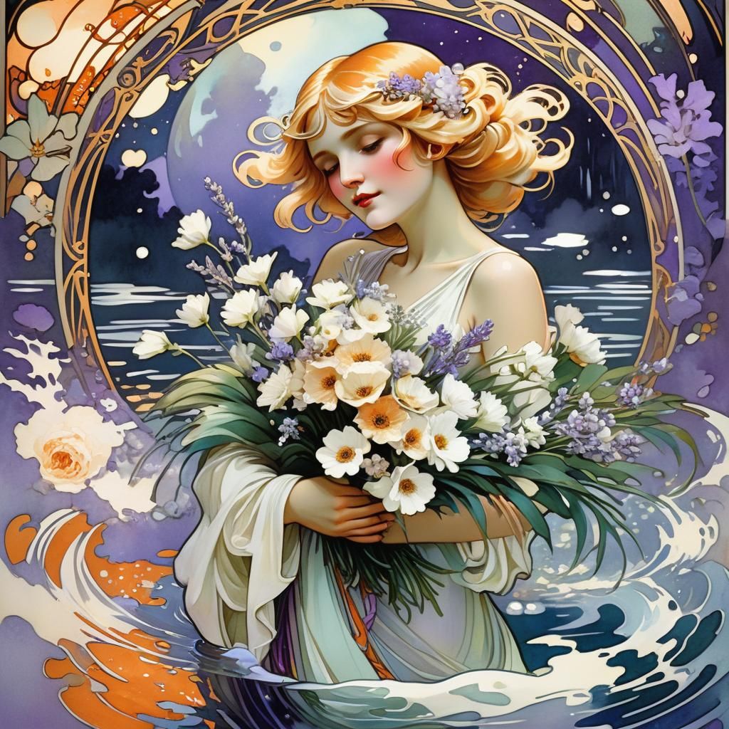 Art Nouveau Fantasy aristocratic  blonde haired lady in styl...