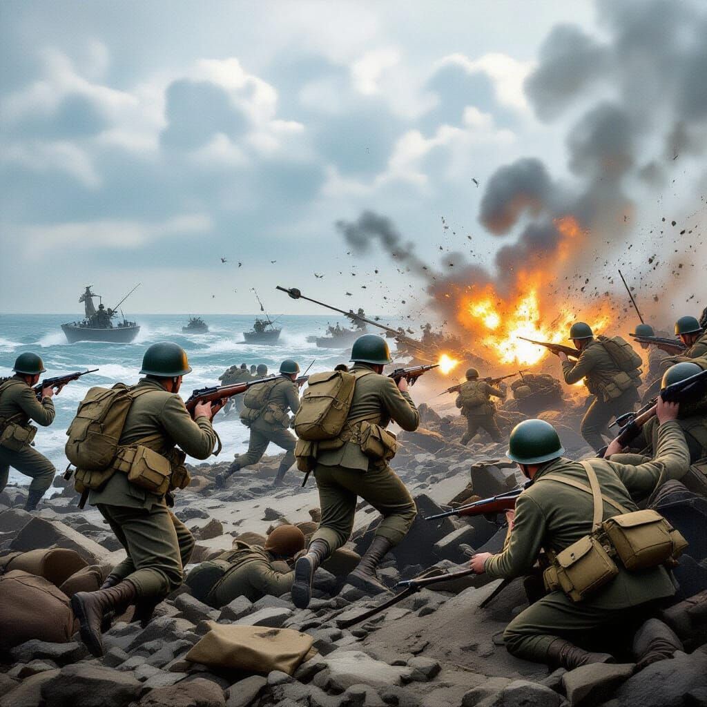 American solders storming Normandy in WW2