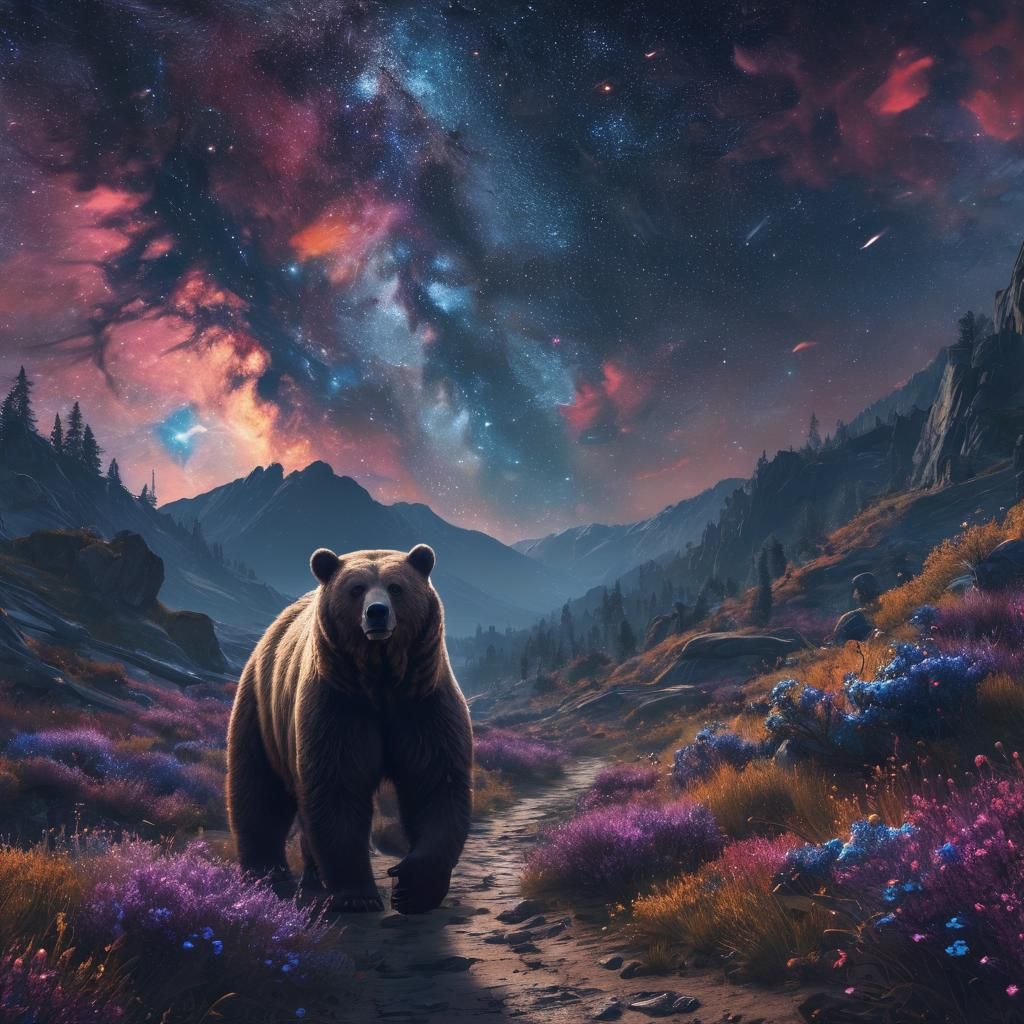 Bear Walks Through Galaxy Valley: Fantasy Concept Art