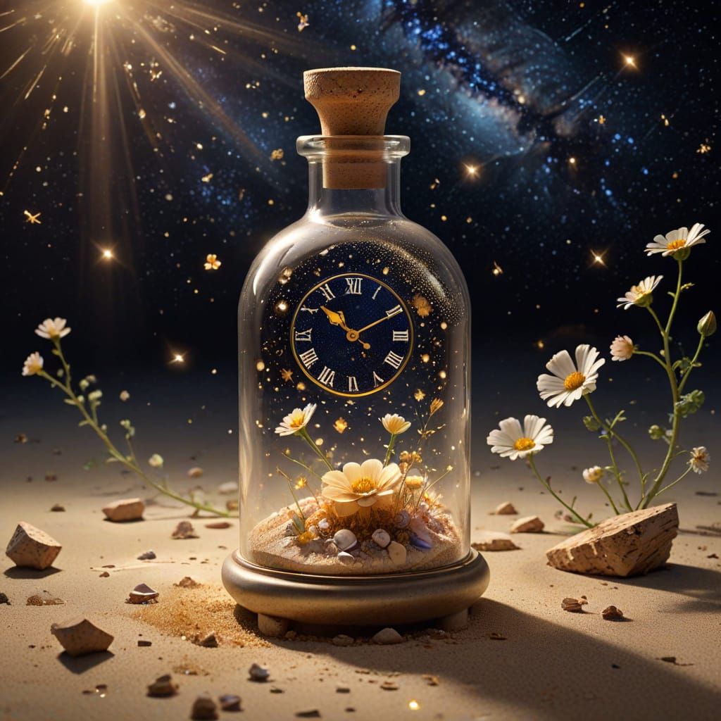 Glass Bottle of Time in Starry Void