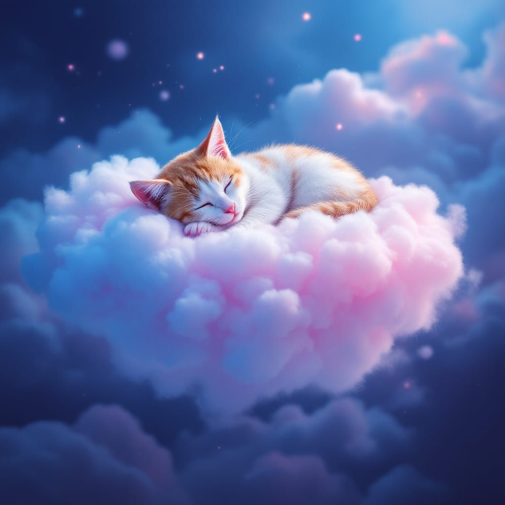 A cat sleeping on a cloud of cotton candy