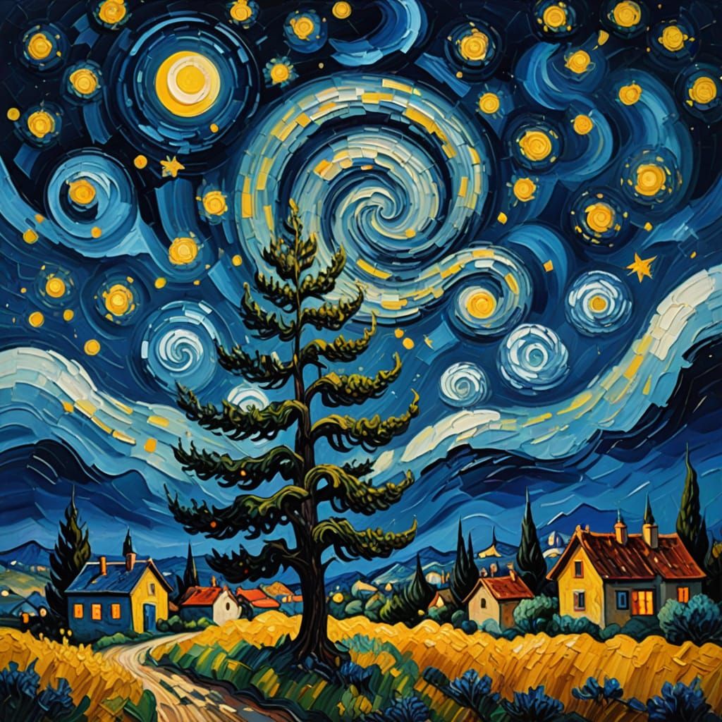 Starry Night Over Village Impasto Oil Painting