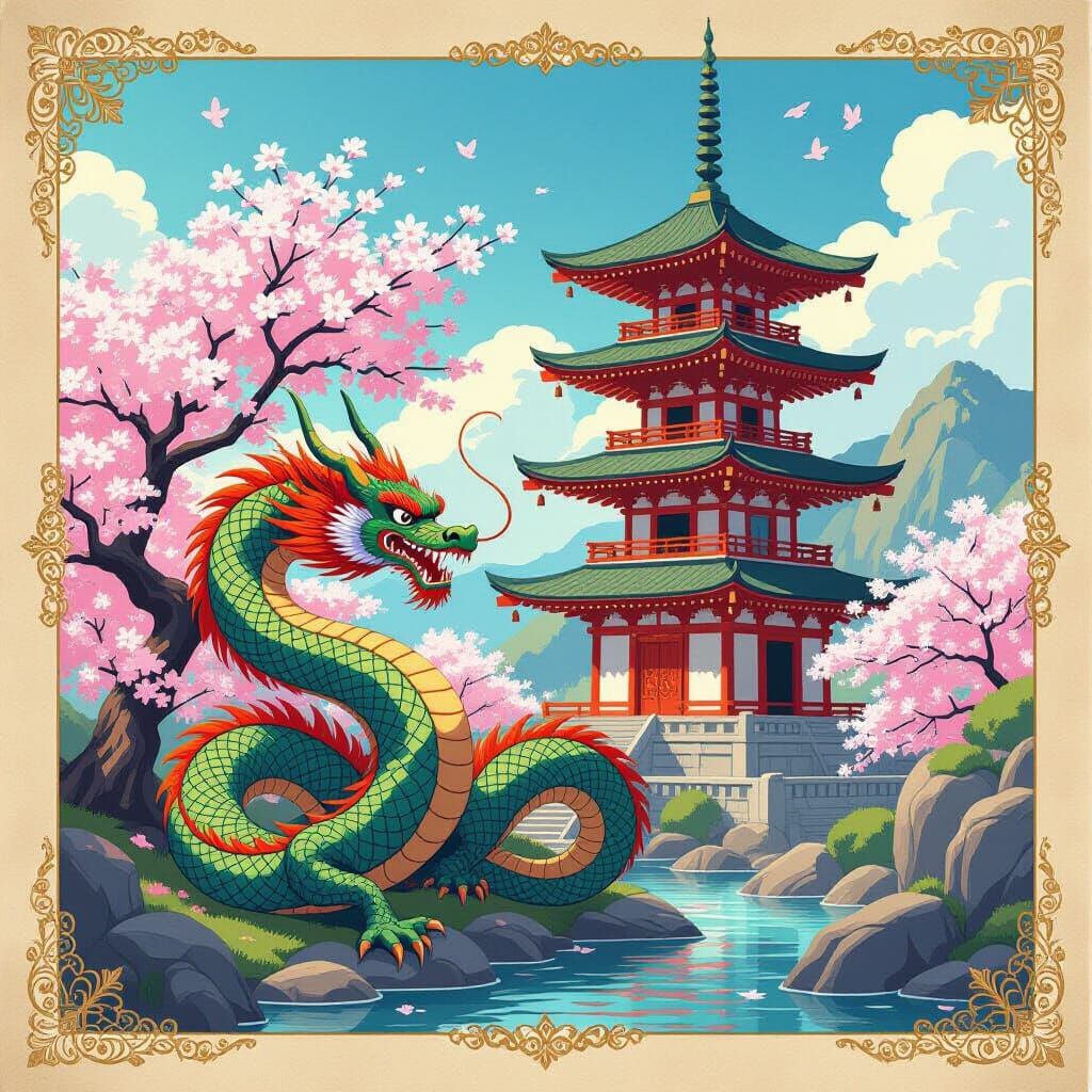 Asian Dragon Near Pagoda In Kano-ha Style