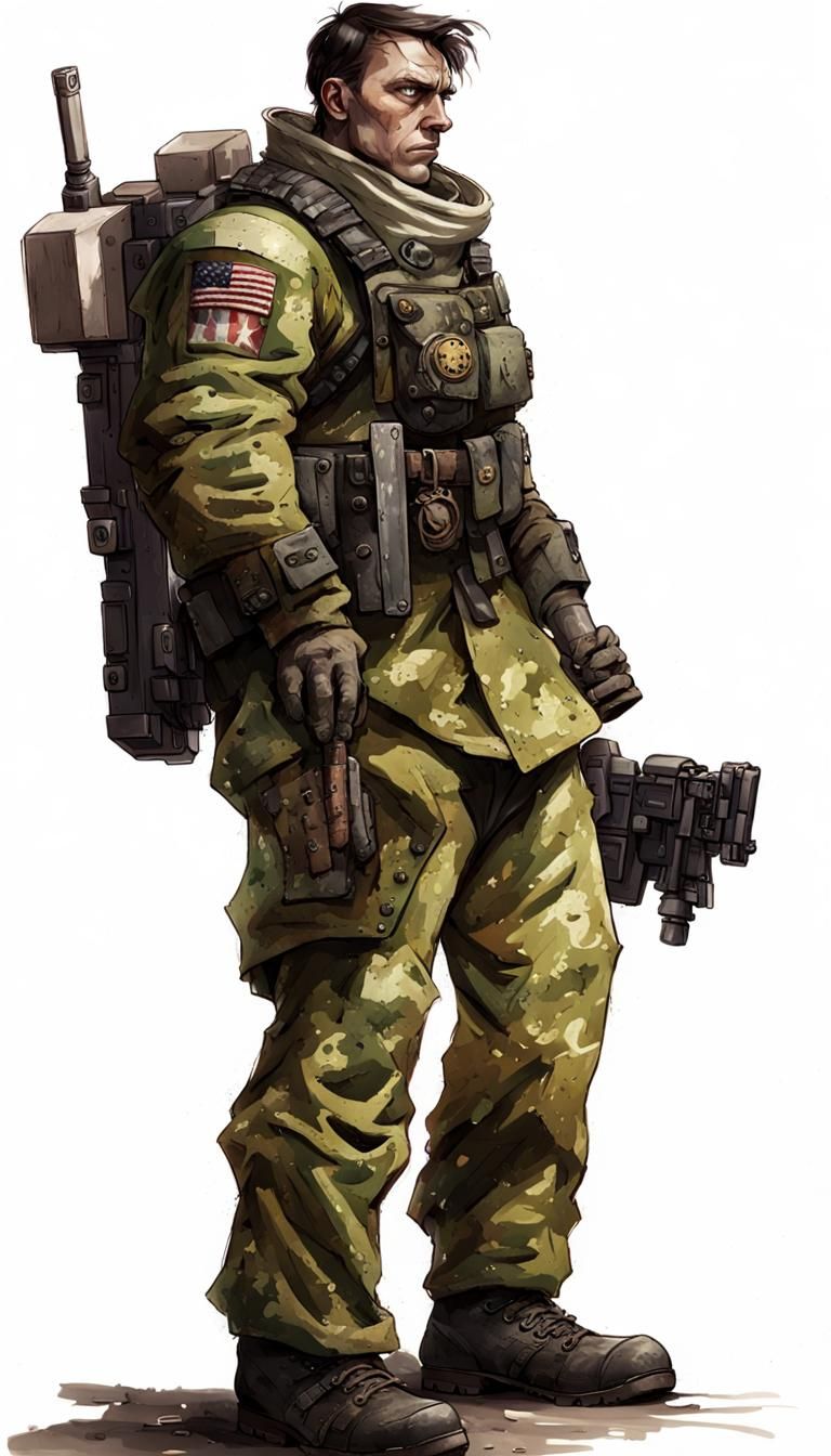 A Full Body Portrait Of A 40k Soldier Man, Who Is Wearing A Camo 