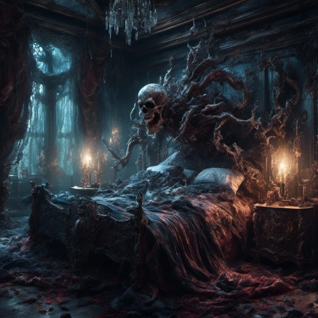 <lora:Impax:1.0><lora:Alien Complex:1.0>Photo Scary plasma Translucent ghost mob screaming bed , realistic , moody creepy atmosphere, glowin...